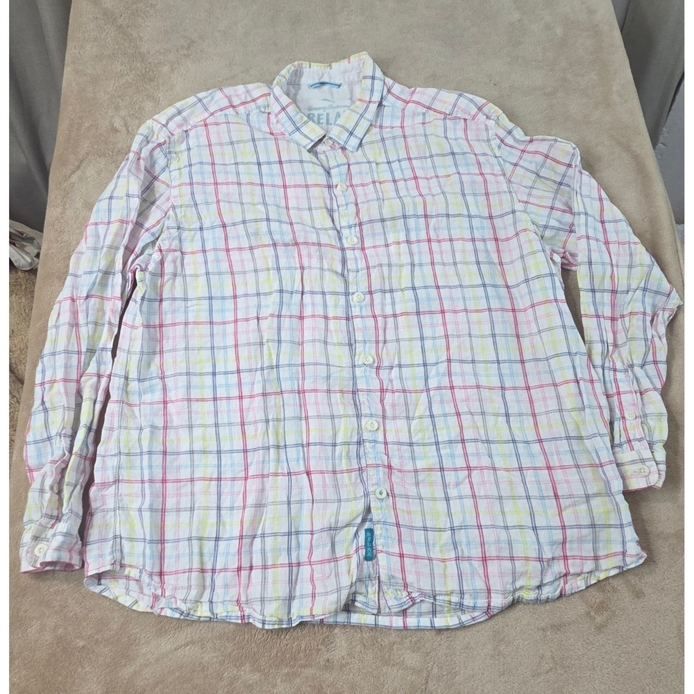 Tommy Bahama Linen Shirt Men Size 3XL White Check Button Up Long Sleeve EUV